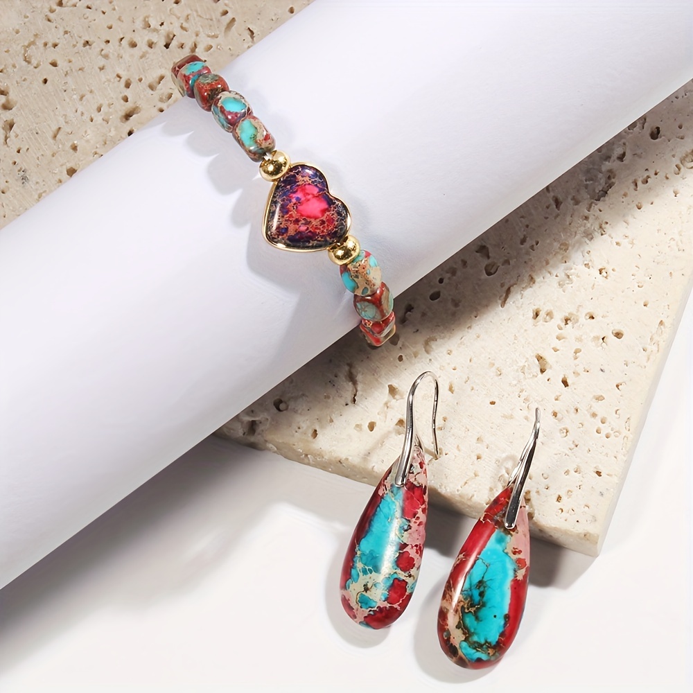 Boho Stone Beaded Jewelry Set Heart Teardrop Earrings Bracelet Gift for Mother